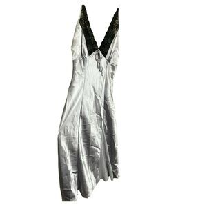 Vintage Inner Most Silver Black Lace 90s Y2K Satin Slip Maxi Dress Medium